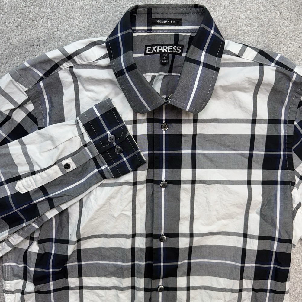 Express Mens Plaid Dress Shirt Size M Modern Fit Long Sleeve Black White Gray